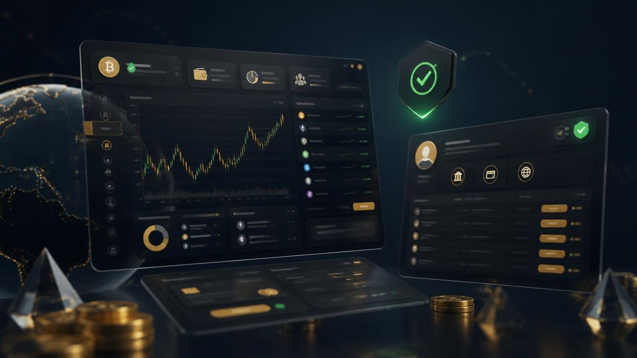 Verified crypto exchange, payment gateway and bank account dashboards with KYC verified badges